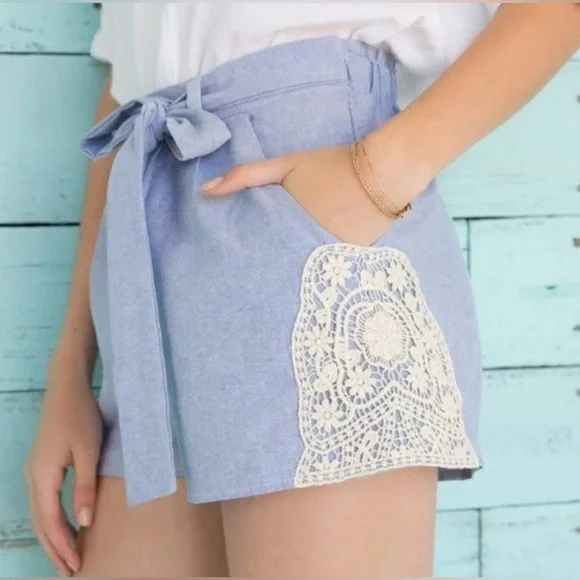 Francesca's Miami Pamela Light Blue Shorts Tie Waist ~ Crochet Trim Sz Medium - Picture 2 of 8